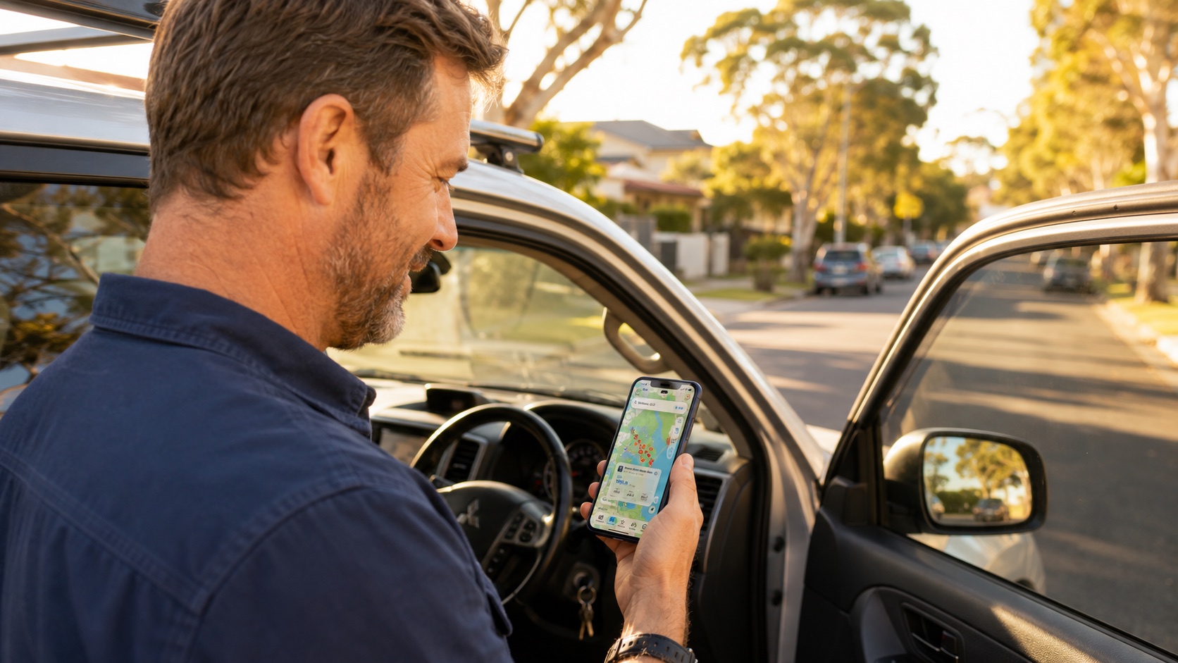 An Australian commuter checking fuel prices before filling up